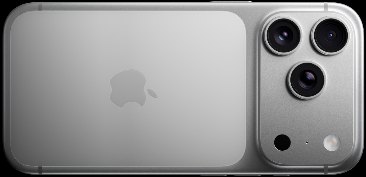 iPhone 17 Pro, màu Bạc, vỏ ngoài mặt sau, hệ thống camera Pro Fusion, 3 ống kính, micrô, đèn flash