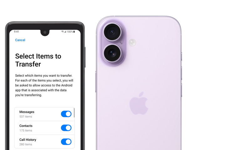Dvě obrazovky vedle sebe, obrazovka Androidu s otevřenou aplikací Přechod na iOS, iPhone 17, pohled zezadu, vyspělá dvojitá fotosoustava v levém horním rohu