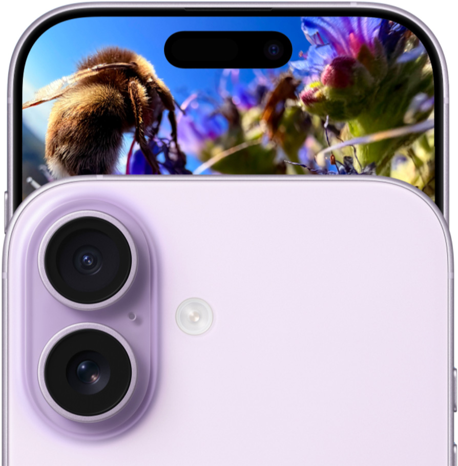 iPhone 17, framsida med Fusion-dubbelkamerasystem, baksida i färgen lavendel.