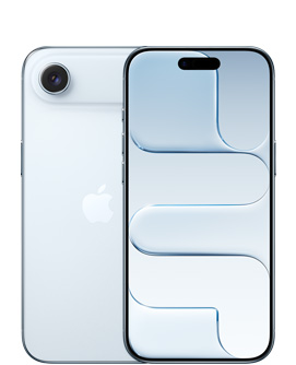 iPhone Air, sedd bakifrån, himmelsblå, Fusion-kamera längst upp, Apple-logotyp i mitten, sedd framifrån, himmelsblå, Dynamic Island i mitten längst upp