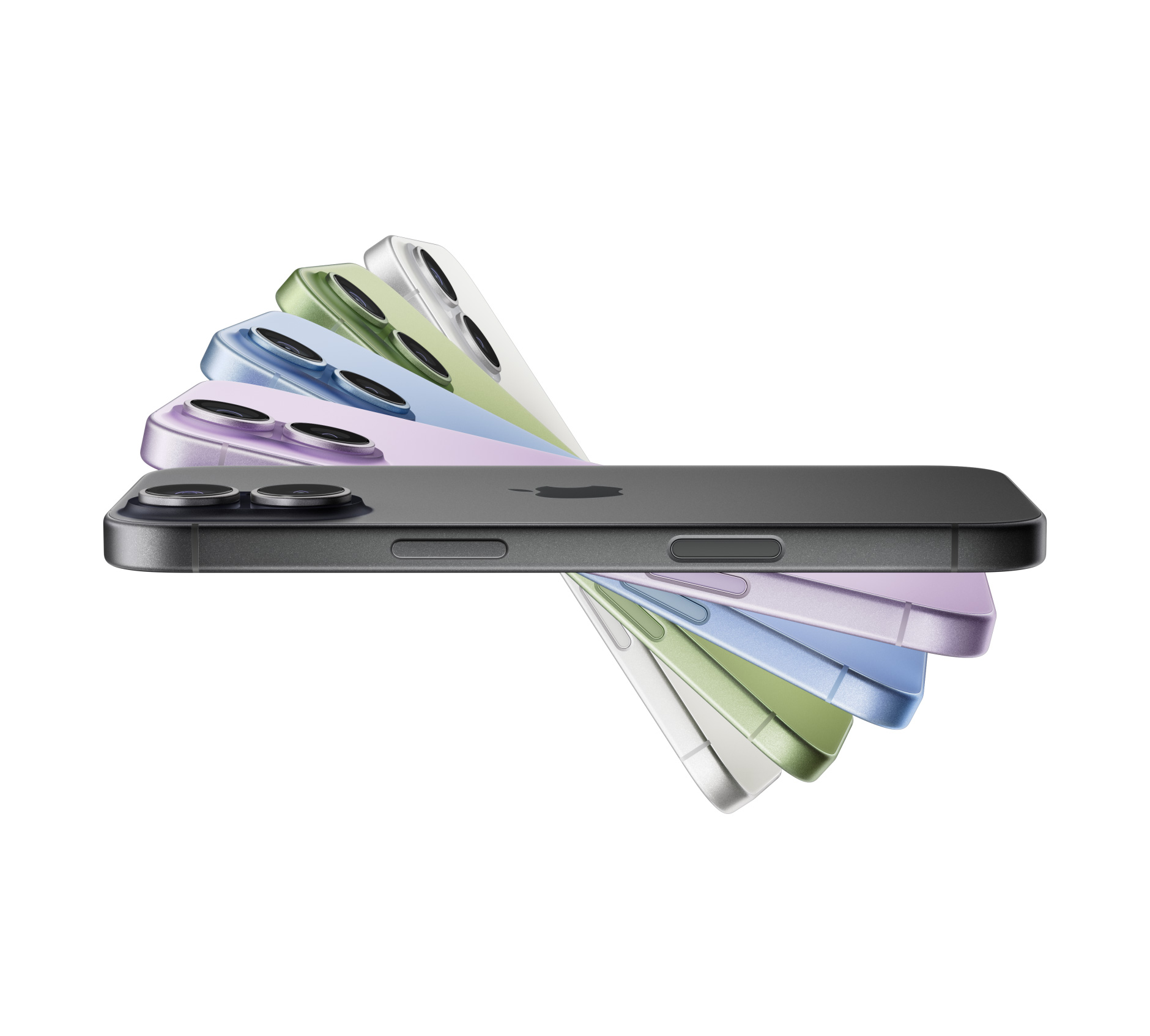 iPhone 17-enheter i solfjädersformation, färger: svart, lavendel, disblå, salvia, vit