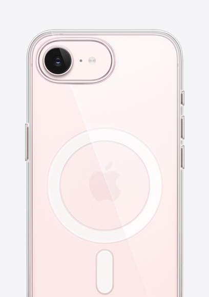 iPhone 17e i blekrosa, sedd bakifrån, transparent skal med MagSafe ansluten, Fusion-kamera upptill, Apple-logotyp i mitten