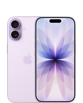 iPhone 17, sedd bakifrån, i färgen lavendel, Fusion-dubbelkamerasystem längst upp till vänster, Apple-logotyp i mitten, sedd framifrån, i färgen lavendel, Dynamic Island i mitten längst upp