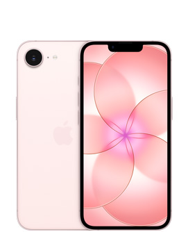 iPhone 17e, baksida, färgen blekrosa, Fusion-kamera uppe till vänster, Apple-logotyp i mitten, framsida, färgen blekrosa, skärm från kant till kant