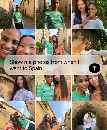 Screen with query for Siri AI to retrieve recent vacation photos, text overlays photo grid