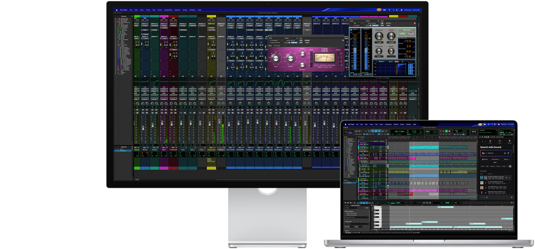 Un monitor Studio Display y un portátil Mac muestran una sesión en Pro Tools con integración de Splice. El vidrio nanotexturizado ayuda a reducir el reflejo en la pantalla oscura del programa